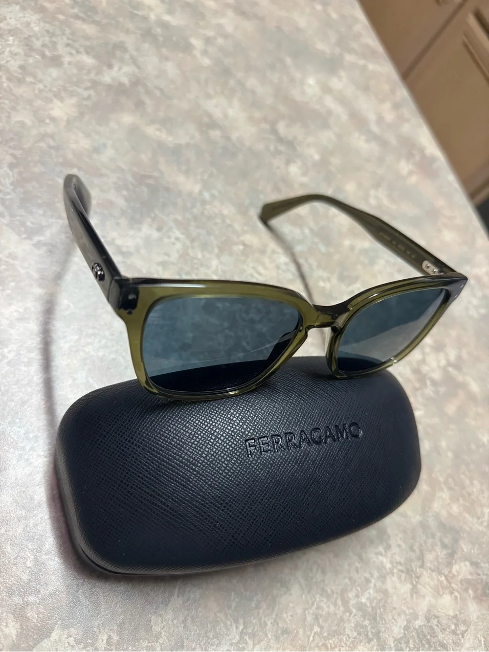 Salvatore Ferragamo Olive Green Frame Sunglasses with Dark Lenses